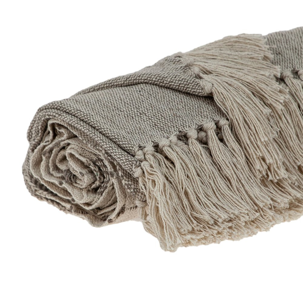 Tufted Beige Fringed Woven Handloom Throw on a white background