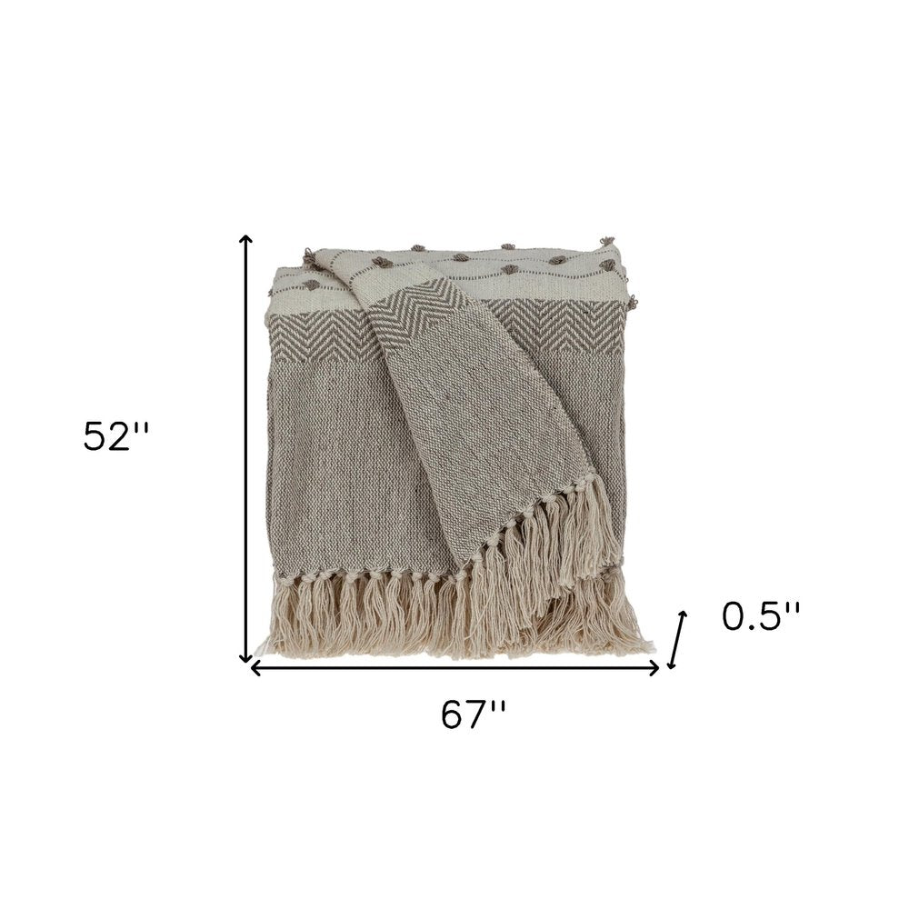 Tufted Beige Fringed Woven Handloom Throw on a white background