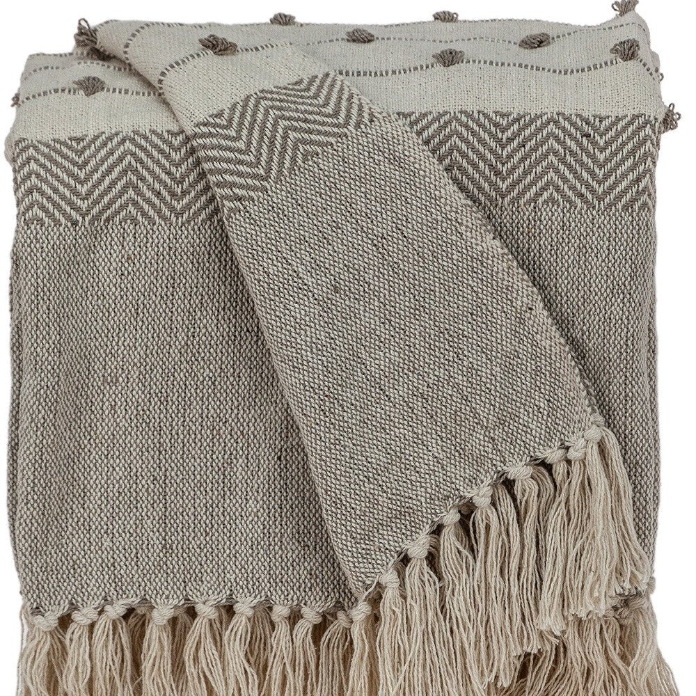 Tufted Beige Fringed Woven Handloom Throw close-up detail