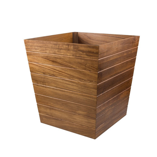A square wooden planter box with horizontal slats in a brown finish on a white background.
