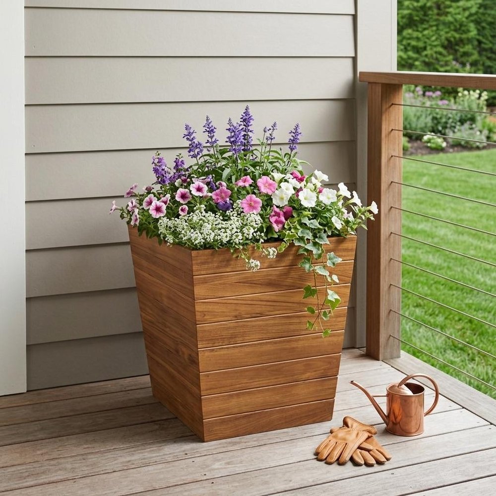 21" Brown Solid Wood Indoor Outdoor Square Planter Box
