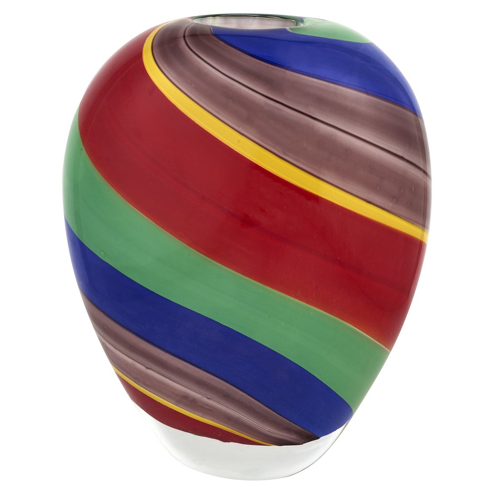 9" Red Blue and Green Striped Murano Style Art Glass Table Vase on a white background