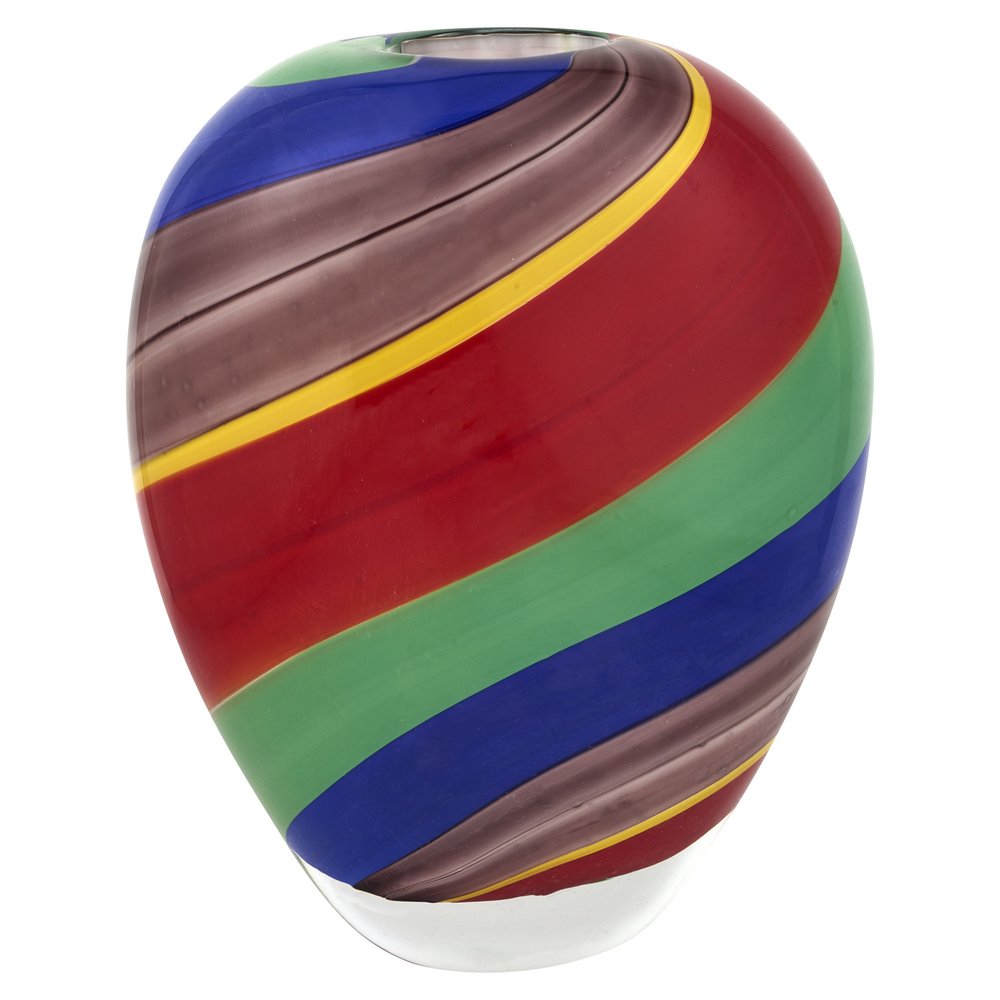 9" Red Blue and Green Striped Murano Style Art Glass Table Vase on a white background