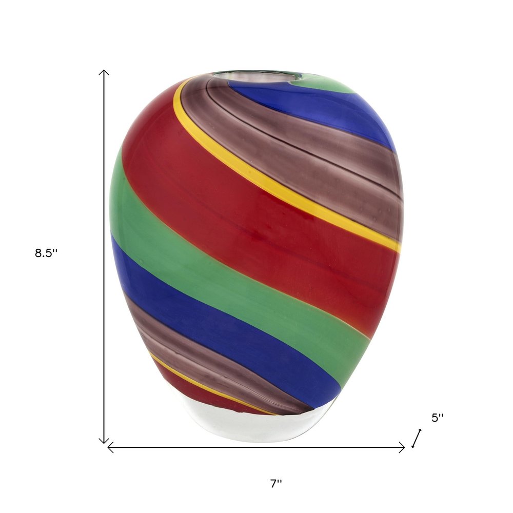 9" Red Blue and Green Striped Murano Style Art Glass Table Vase on a white background