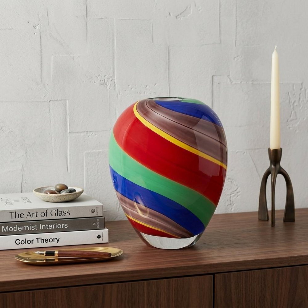 9" Red Blue and Green Striped Murano Style Art Glass Table Vase in a home interior