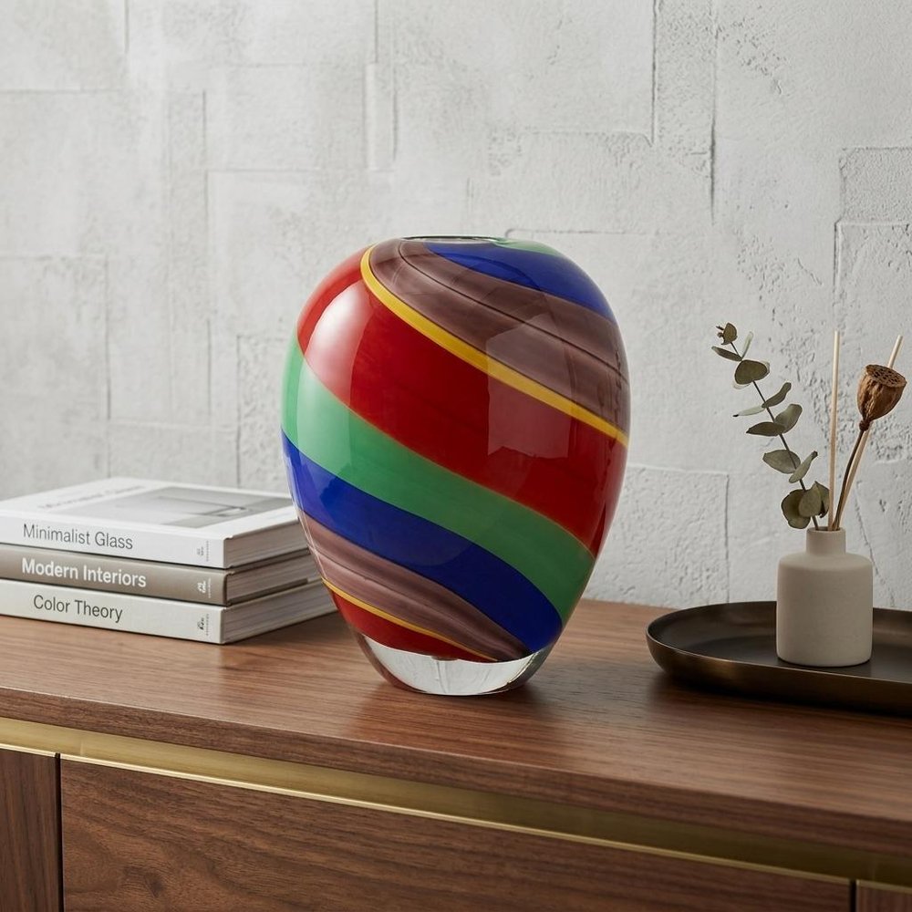 9" Red Blue and Green Striped Murano Style Art Glass Table Vase in a home interior