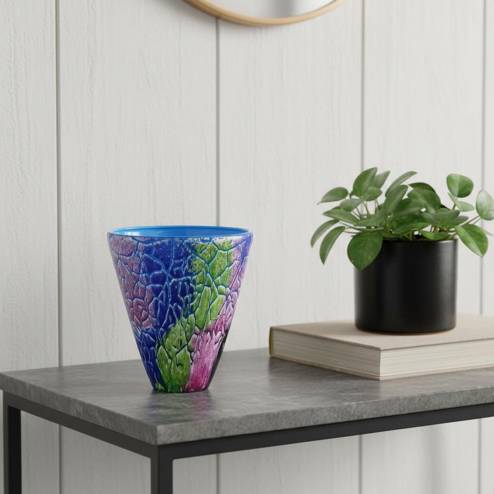 8" Blue and Green Murano Glass Abstract Oval Table Vase
