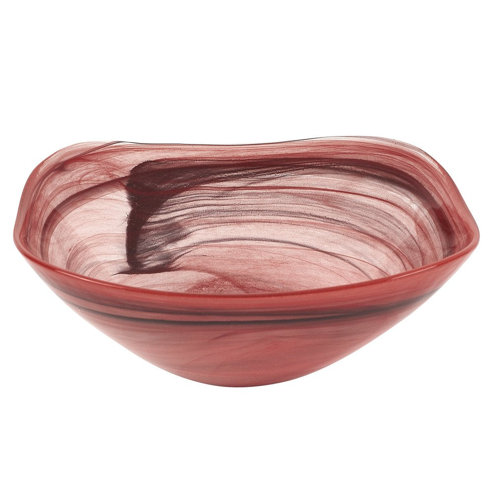 Set of Two 6" Red And White Alabaster Glass Square Salad Bowl on a white background