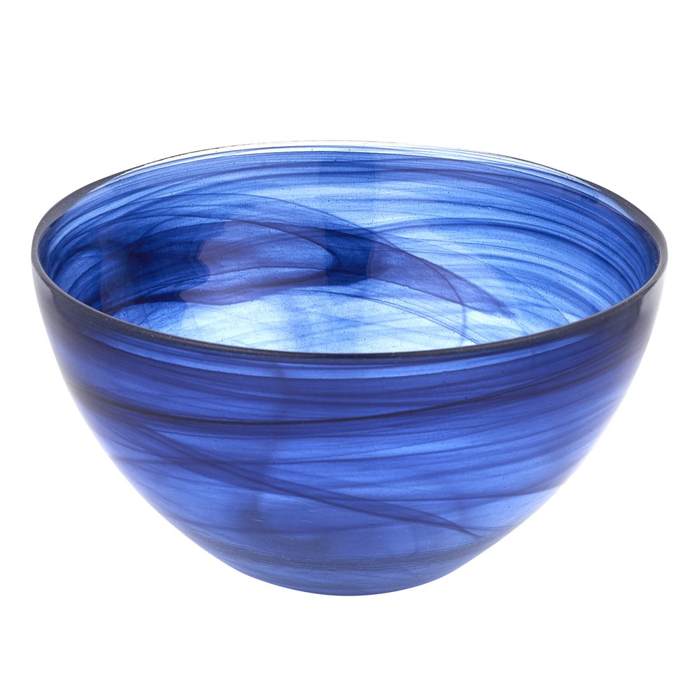 6" Cobalt And White Alabaster Glass Round Candy or Nut Bowl. Serving bowl isolated on a plain white background, finished in white glass.