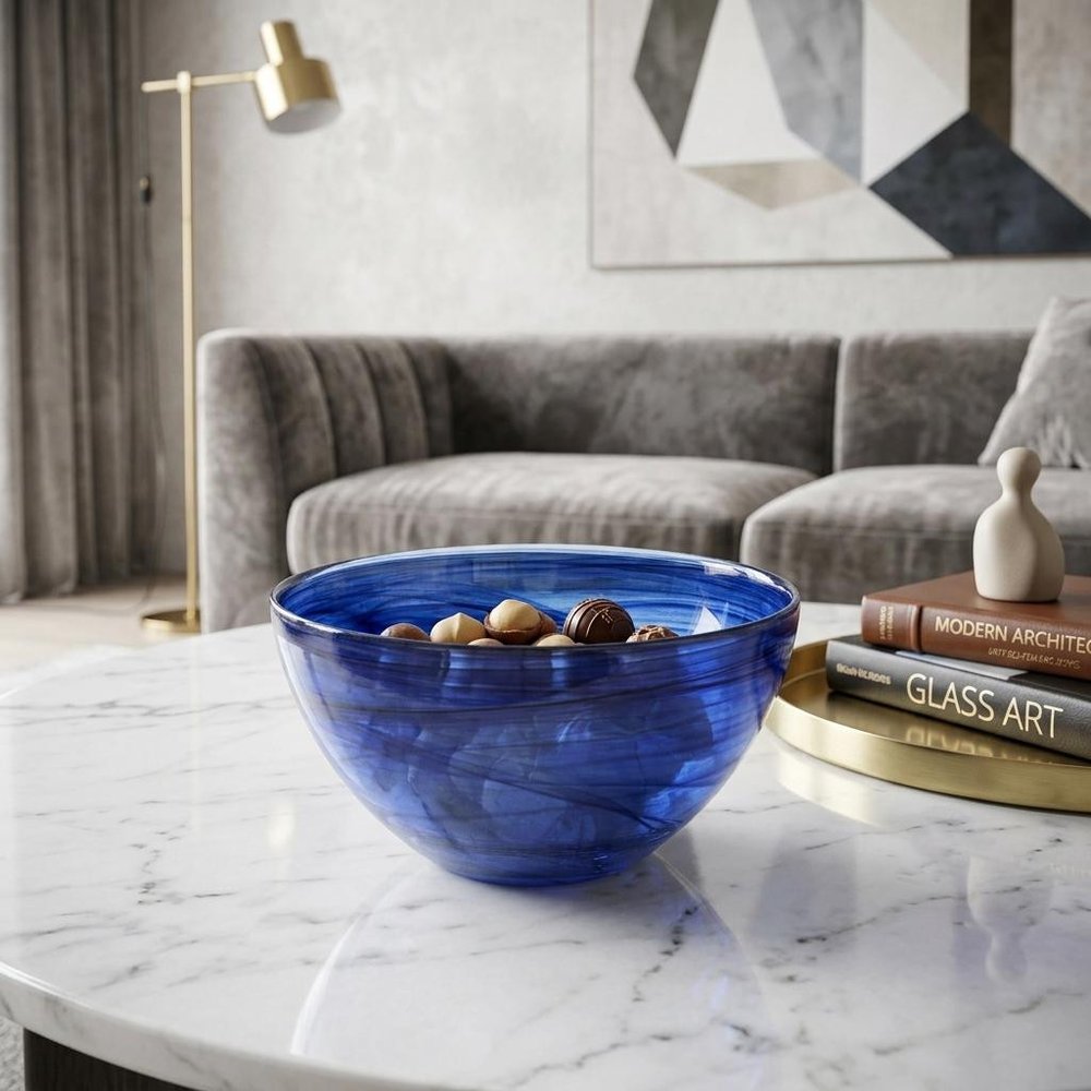 6" Cobalt And White Alabaster Glass Round Candy or Nut Bowl styled in a furnished interior with an off-white wall on a off-white floor.