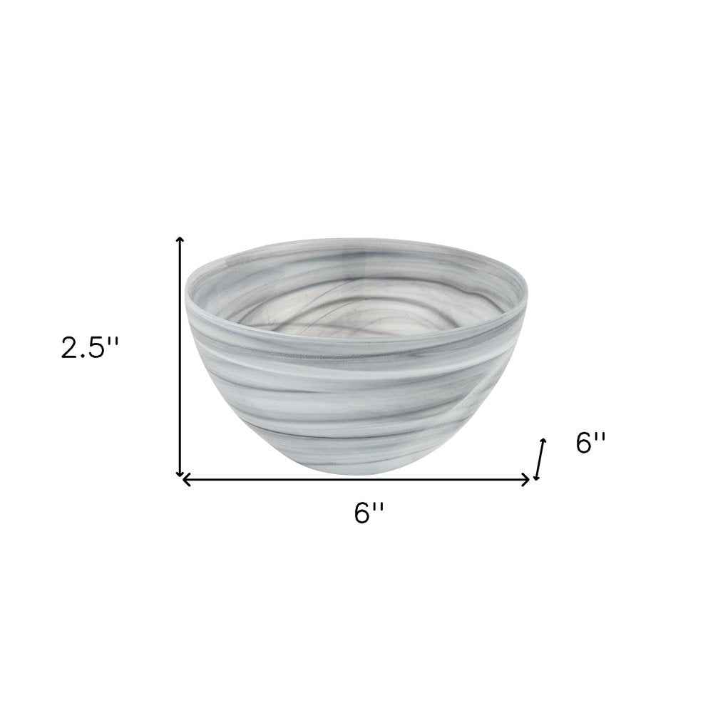 6" Gray And White Alabaster Glass Round Candy or Nut Bowl. Serving bowl isolated on a plain white background, finished in white glass.
