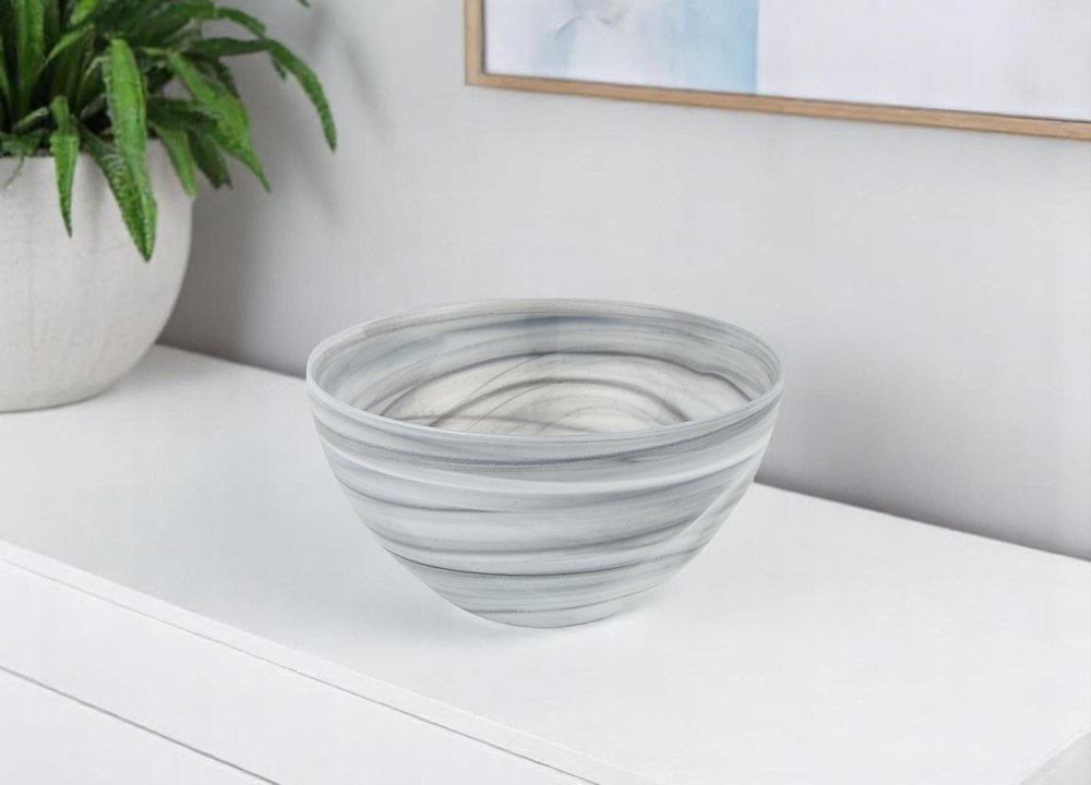 Cropped view of 6" Gray And White Alabaster Glass Round Candy or Nut Bowl focusing on the white glass surface.