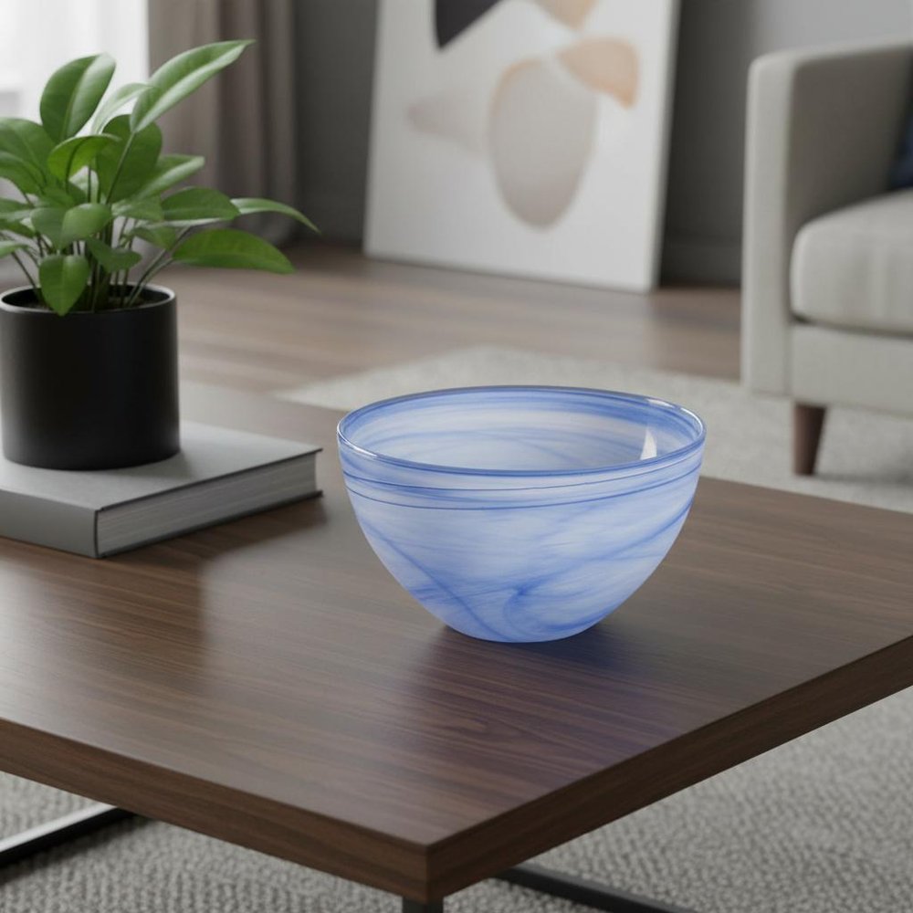 6" Blue And White Alabaster Glass Round Candy or Nut Bowl styled in a furnished interior with a dark wall on a tiled floor.