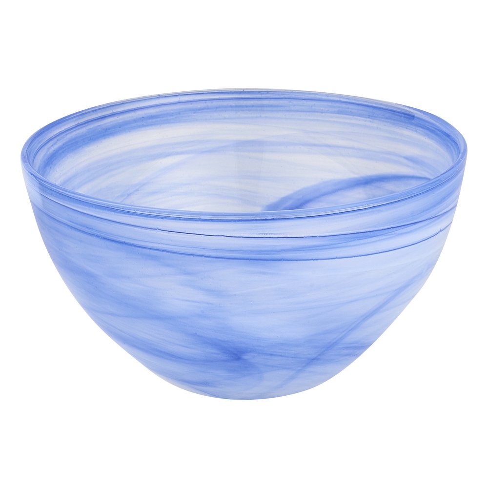 6" Blue And White Alabaster Glass Round Candy or Nut Bowl. Serving bowl isolated on a plain white background, showing a white glass surface.