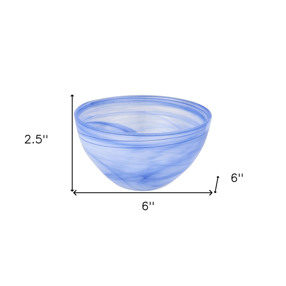 6" Blue And White Alabaster Glass Round Candy or Nut Bowl. Serving bowl isolated on a plain white background, in a white glass finish.
