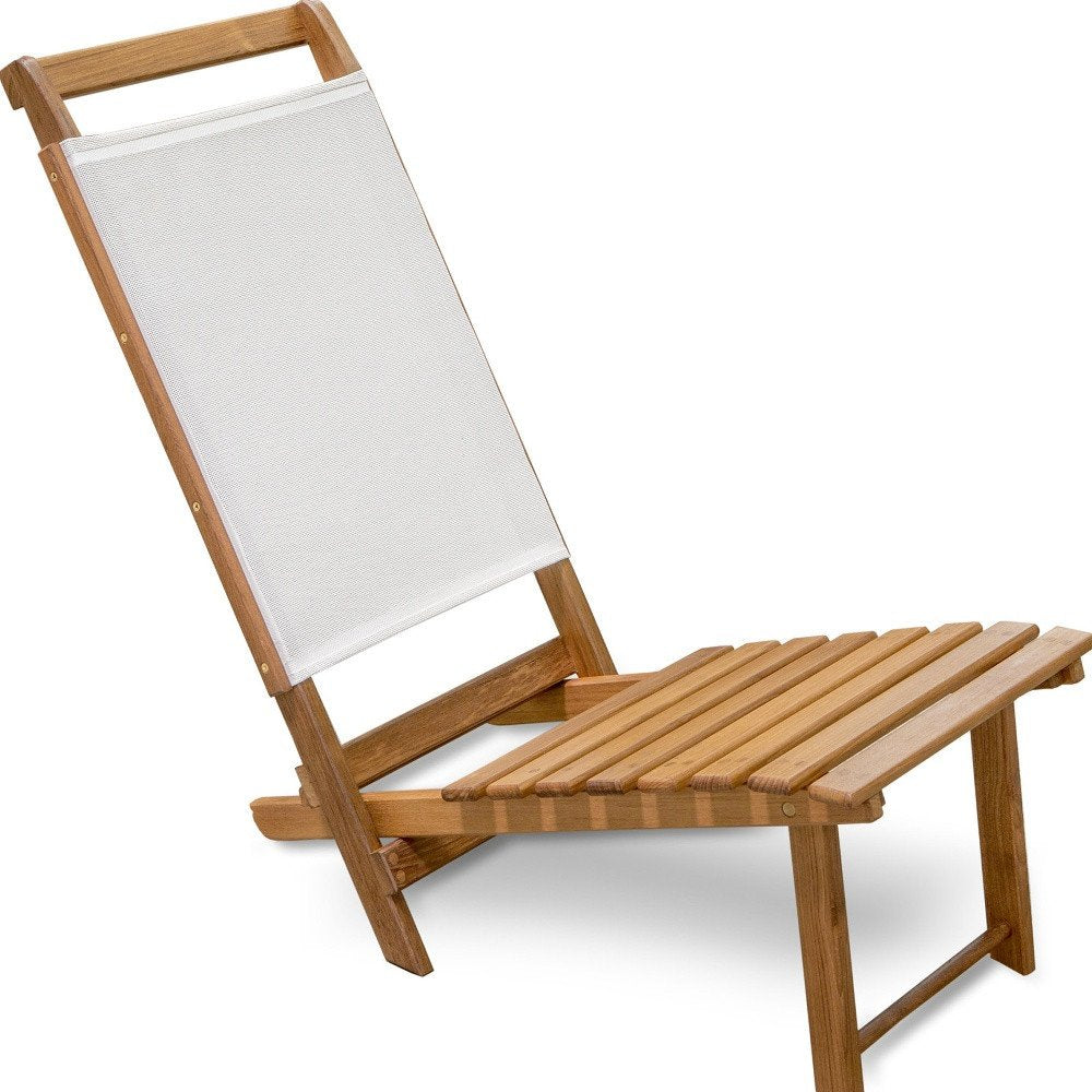 15" Brown and Natural Wood Solid Wood Outdoor Deck Chair. Outdoor chair isolated on a plain white background, finished in white wood.