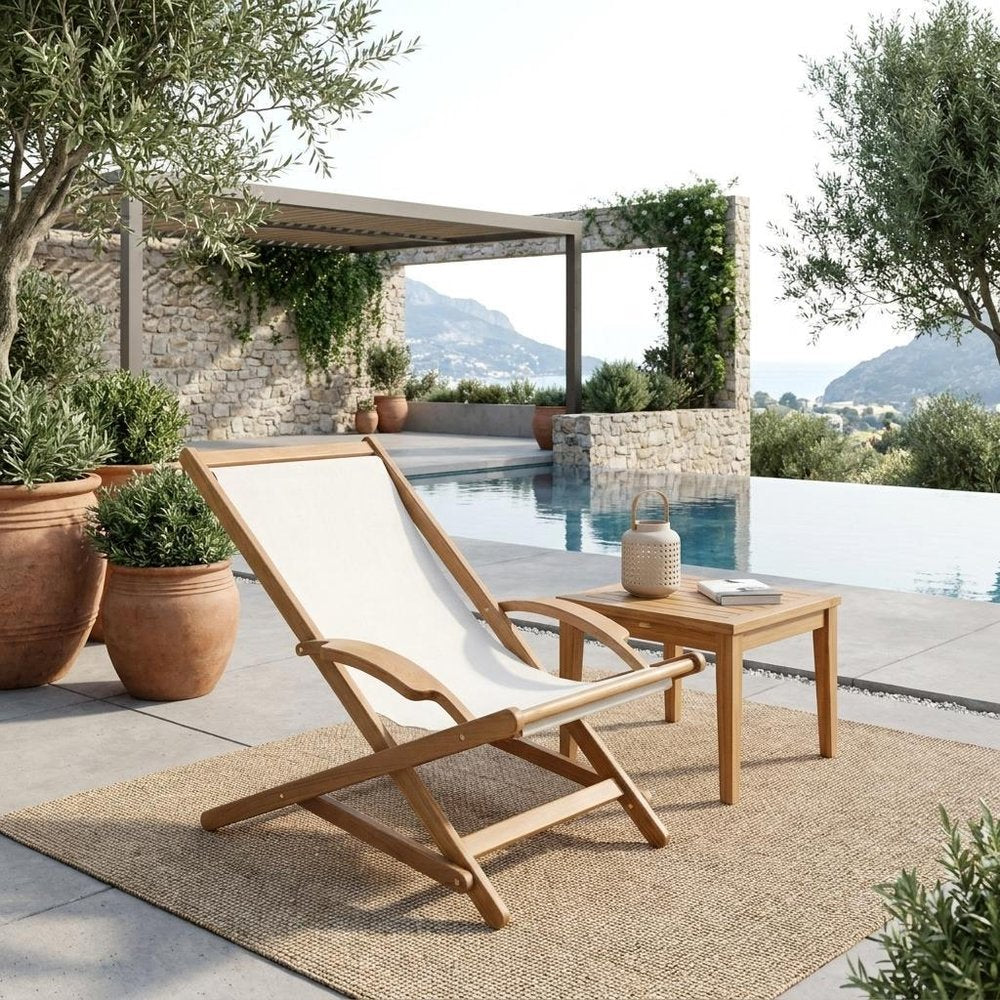 27" White and Natural Wood Solid Wood Indoor Outdoor Deck Chair