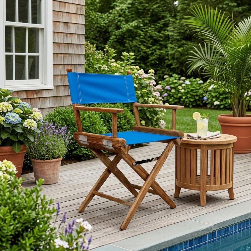 23" Blue and Natural Wood Solid Wood Indoor Outdoor Director Chair