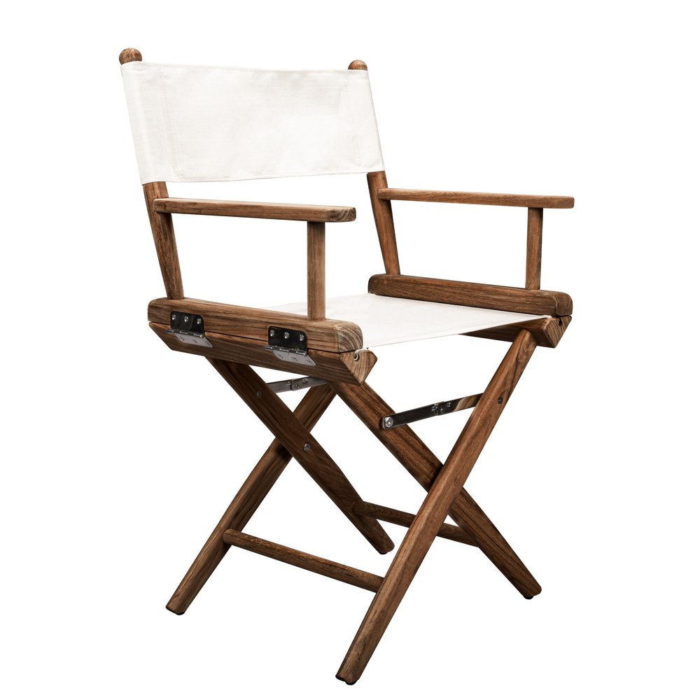 23" Brown and Ivory and Natural Wood Solid Wood Indoor Outdoor Director Chair. Outdoor chair isolated on a plain white background, finished in ivory wood.