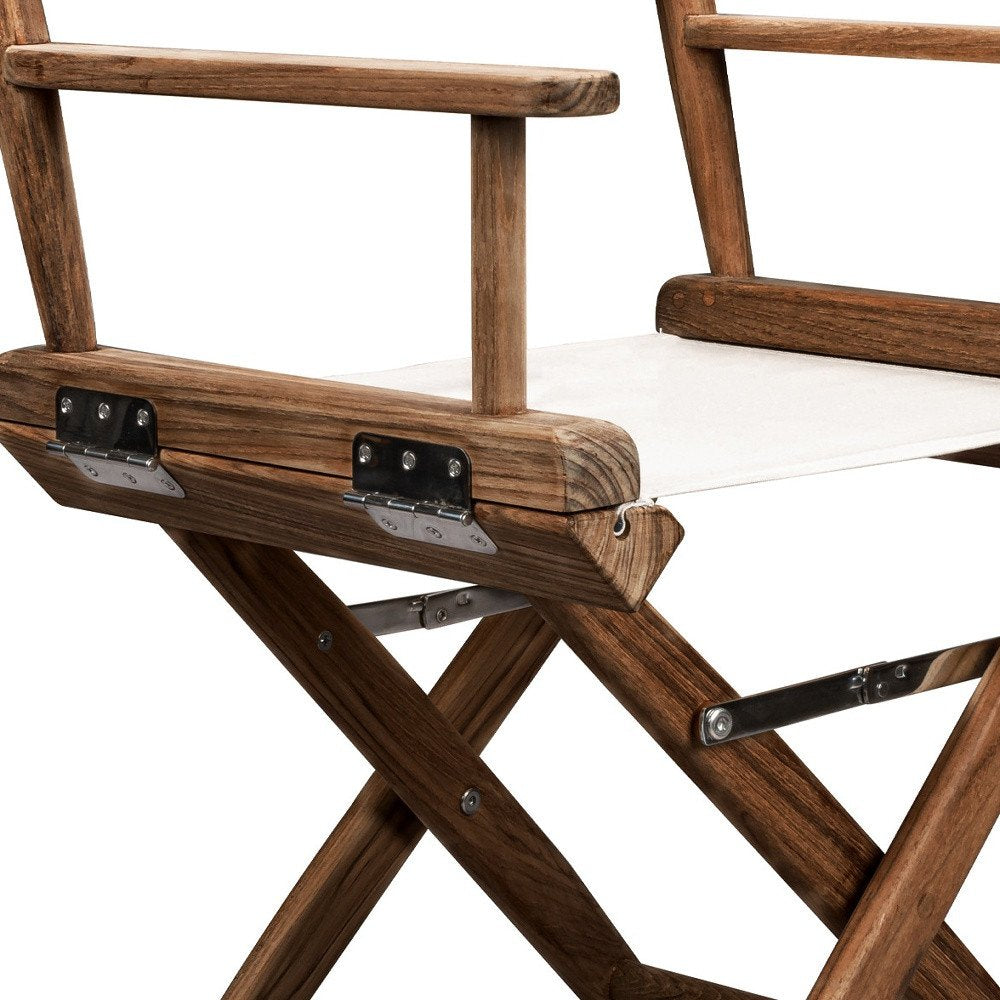 23" Brown and Ivory and Natural Wood Solid Wood Indoor Outdoor Director Chair. Outdoor chair isolated on a plain white background, finished in brown wood.