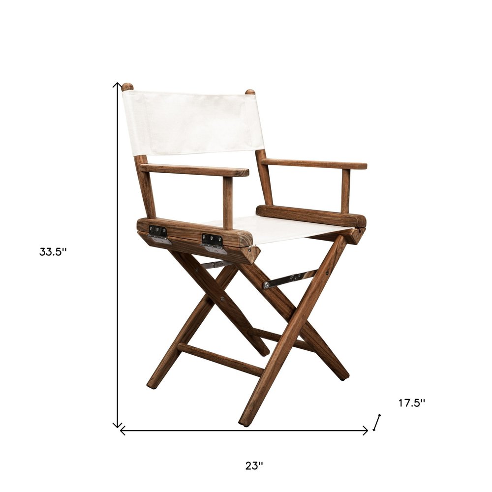 23" Brown and Ivory and Natural Wood Solid Wood Indoor Outdoor Director Chair. Outdoor chair isolated on a plain white background, showing a ivory wood surface.