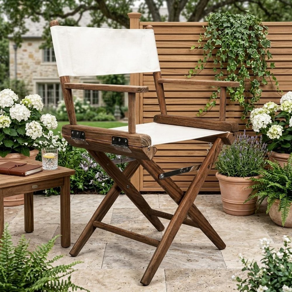23" Brown and Ivory and Natural Wood Solid Wood Indoor Outdoor Director Chair