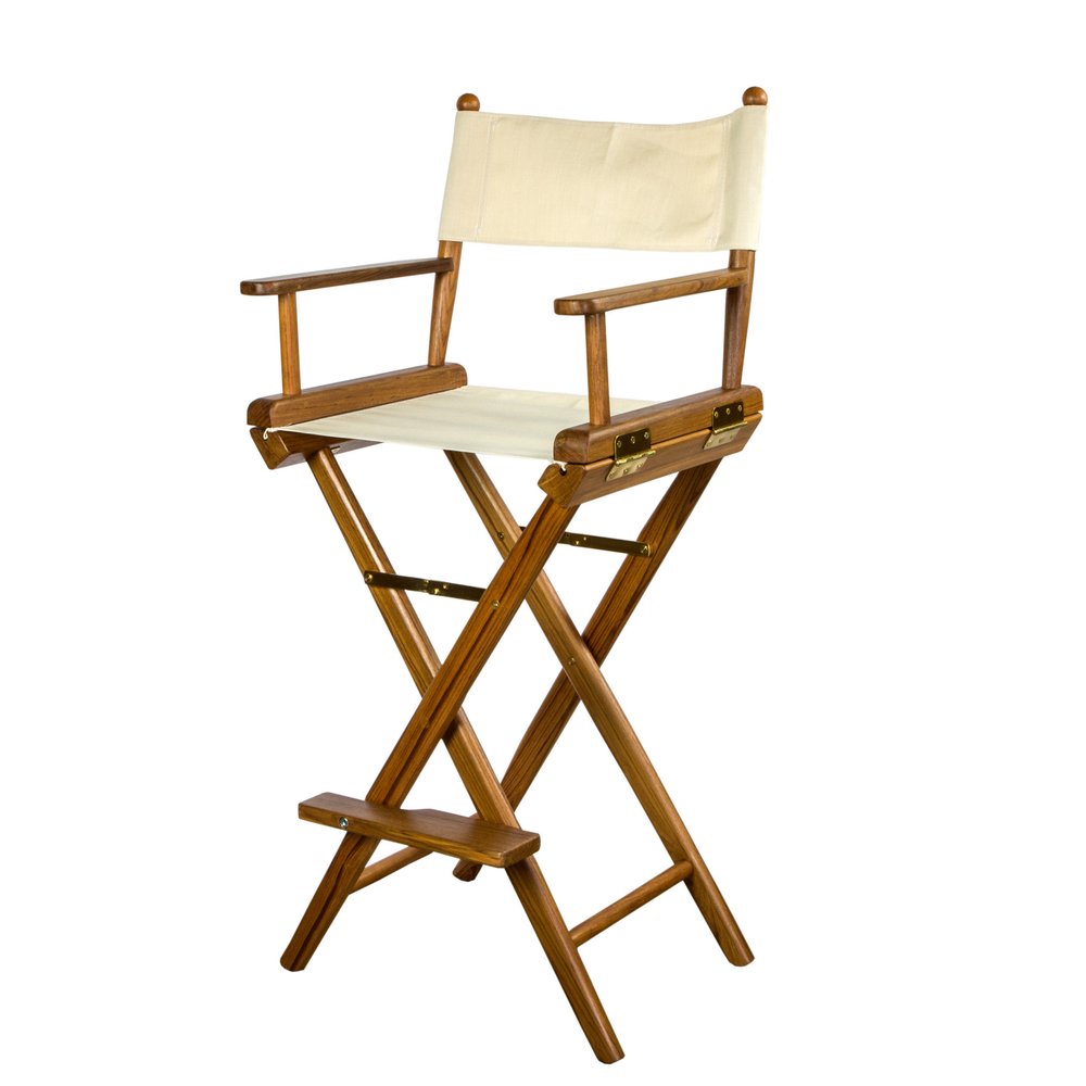 23" Ivory and Brown Solid Wood Indoor Outdoor Director Chair. Outdoor chair isolated on a plain white background, finished in ivory wood.