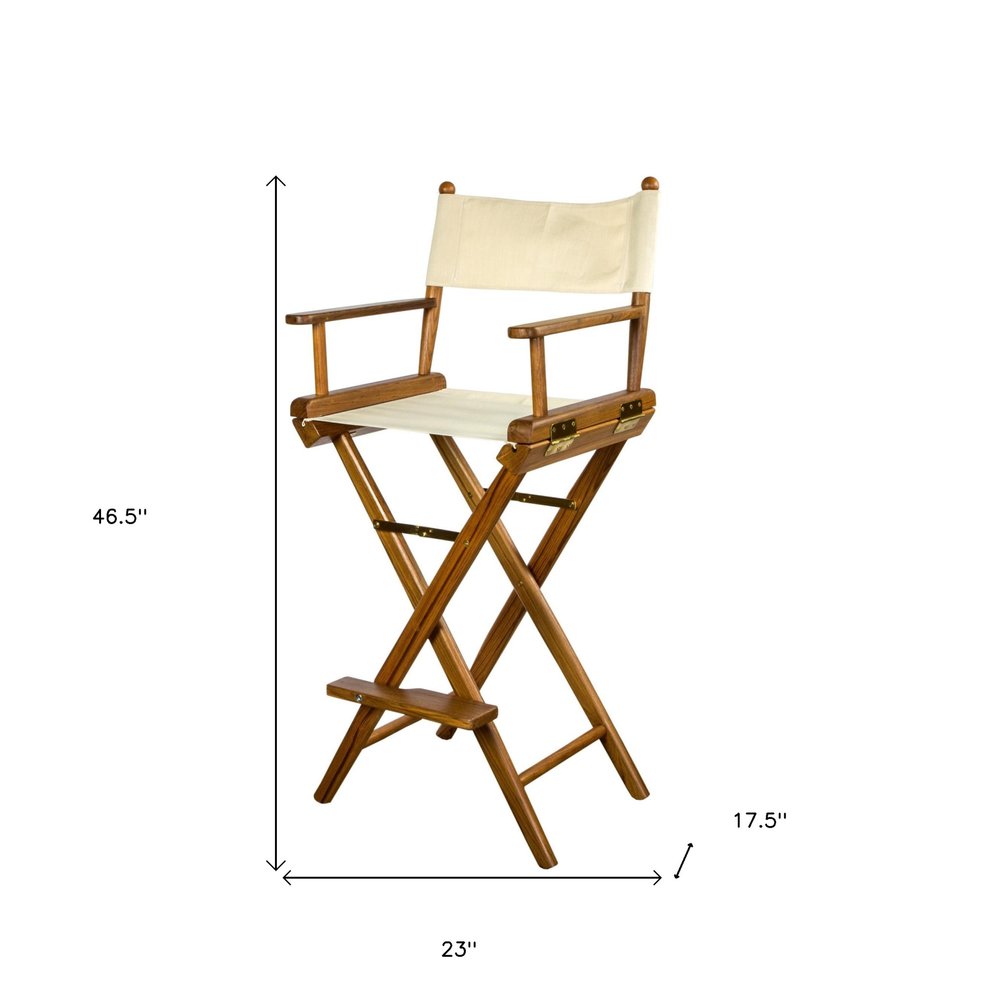23" Ivory and Brown Solid Wood Indoor Outdoor Director Chair. Outdoor chair isolated on a plain white background, in a ivory wood finish.