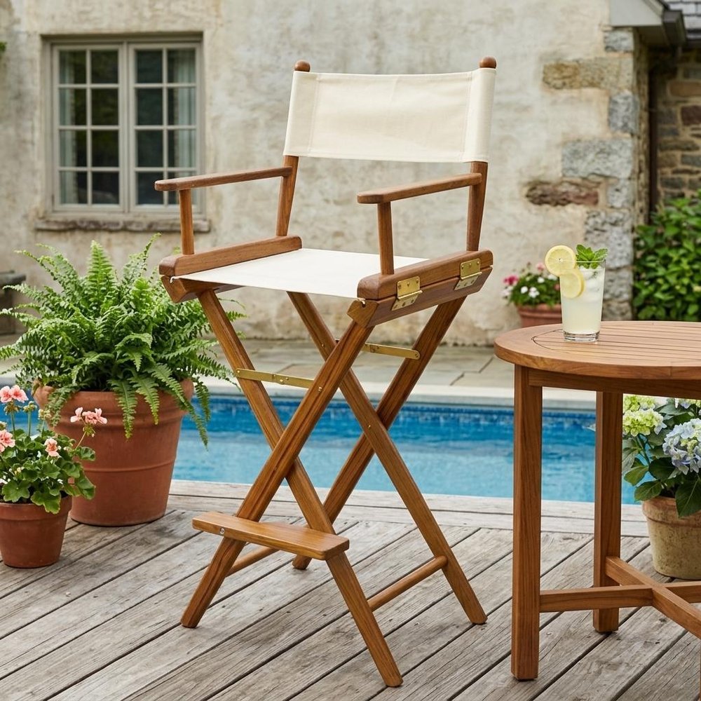 23" Ivory and Brown Solid Wood Indoor Outdoor Director Chair