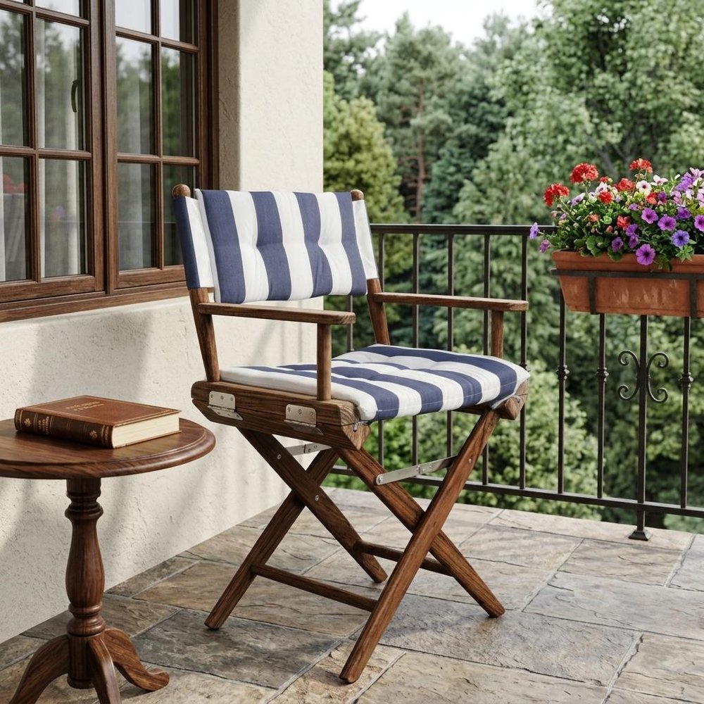 23" Blue and White and Natural Wood Solid Wood Indoor Outdoor Director Chair with Blue and White Cushion
