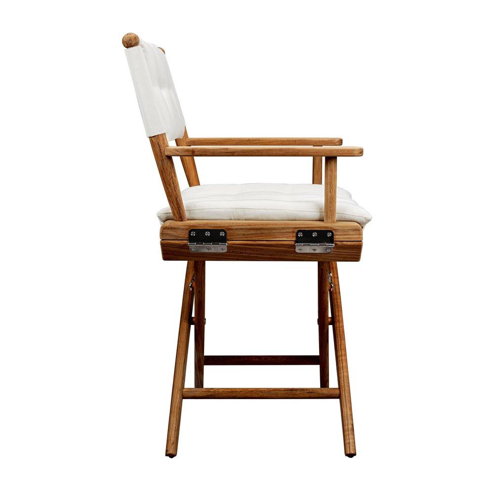 23" Natural Solid Wood Outdoor Folding Director Chair with Cream Cushion. Outdoor chair isolated on a plain white background, showing a ivory wood surface.