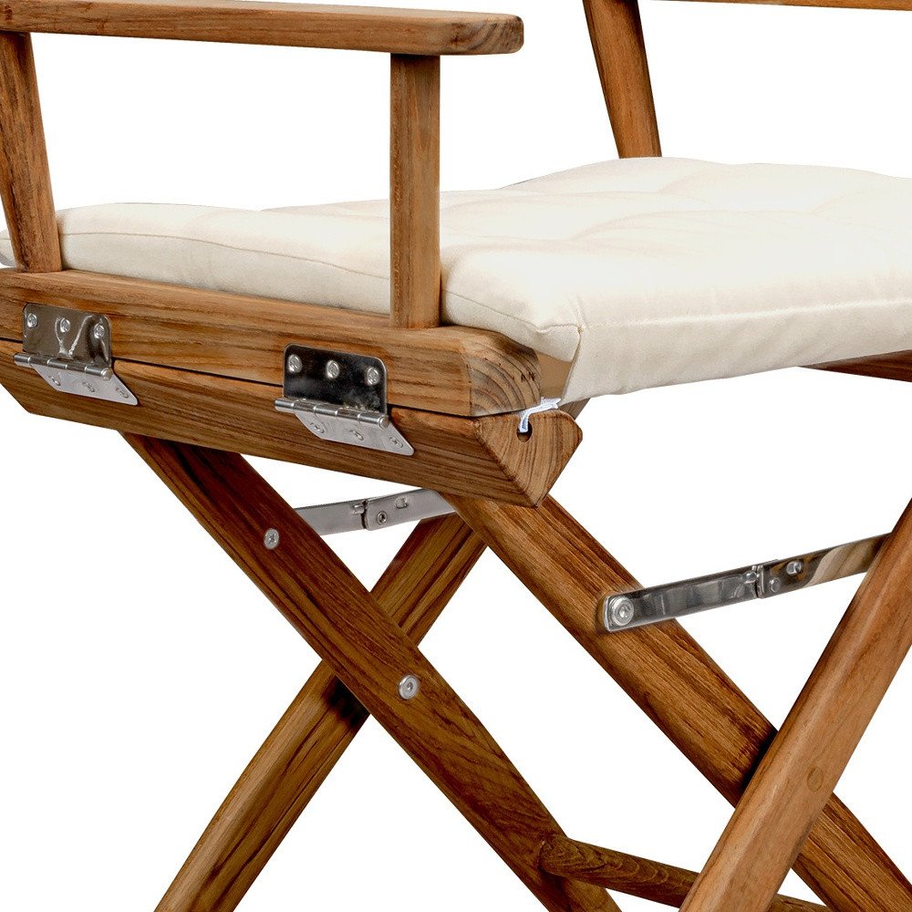 23" Natural Solid Wood Outdoor Folding Director Chair with Cream Cushion. Outdoor chair isolated on a plain white background, finished in ivory wood.