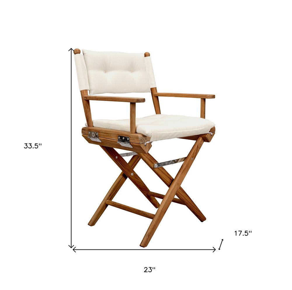23" Natural Solid Wood Outdoor Folding Director Chair with Cream Cushion. Outdoor chair isolated on a plain white background, showing a ivory wood surface.