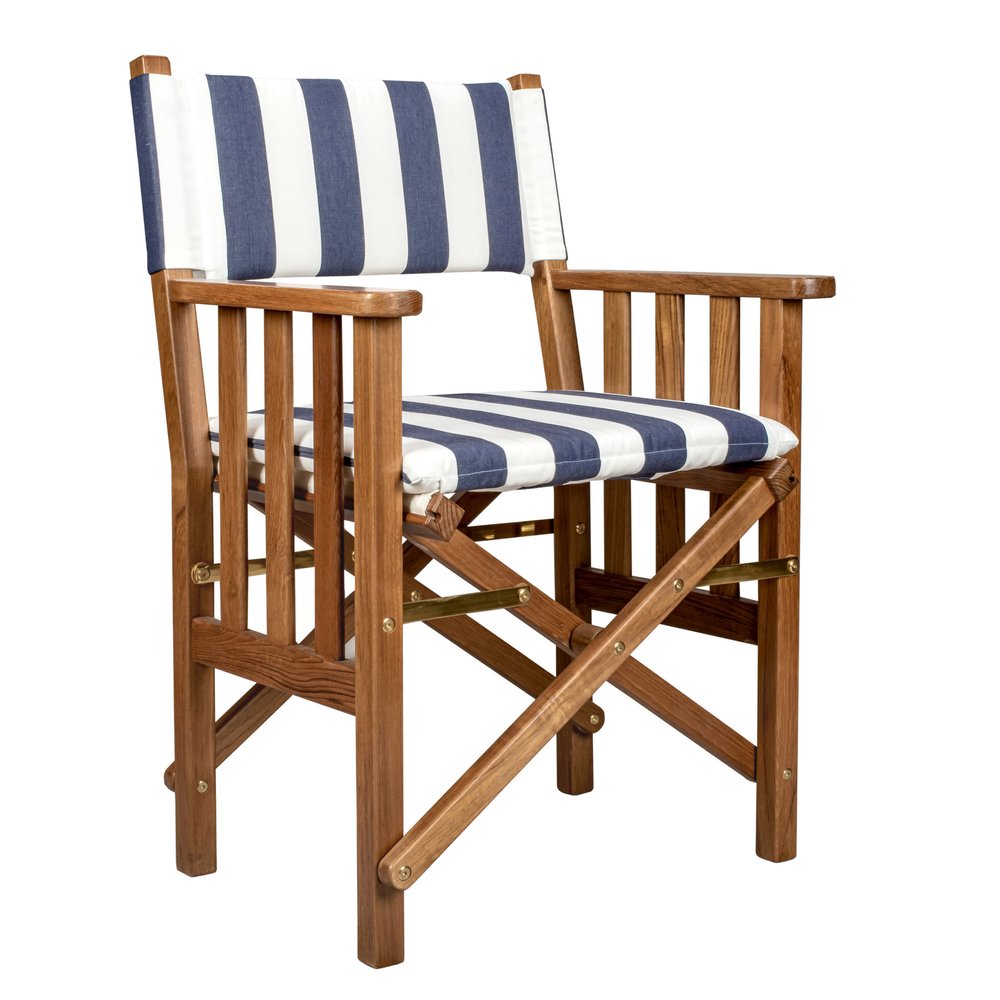 20" Blue and White and Natural Wood Solid Wood Indoor Outdoor Director Chair with Blue and White Cushion. Outdoor chair isolated on a plain white background, finished in brown wood.