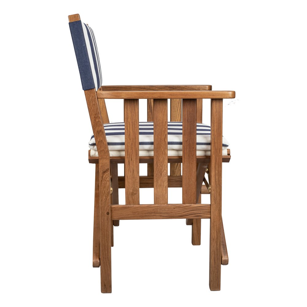 20" Blue and White and Natural Wood Solid Wood Indoor Outdoor Director Chair with Blue and White Cushion. Outdoor chair isolated on a plain white background, showing a brown wood surface.