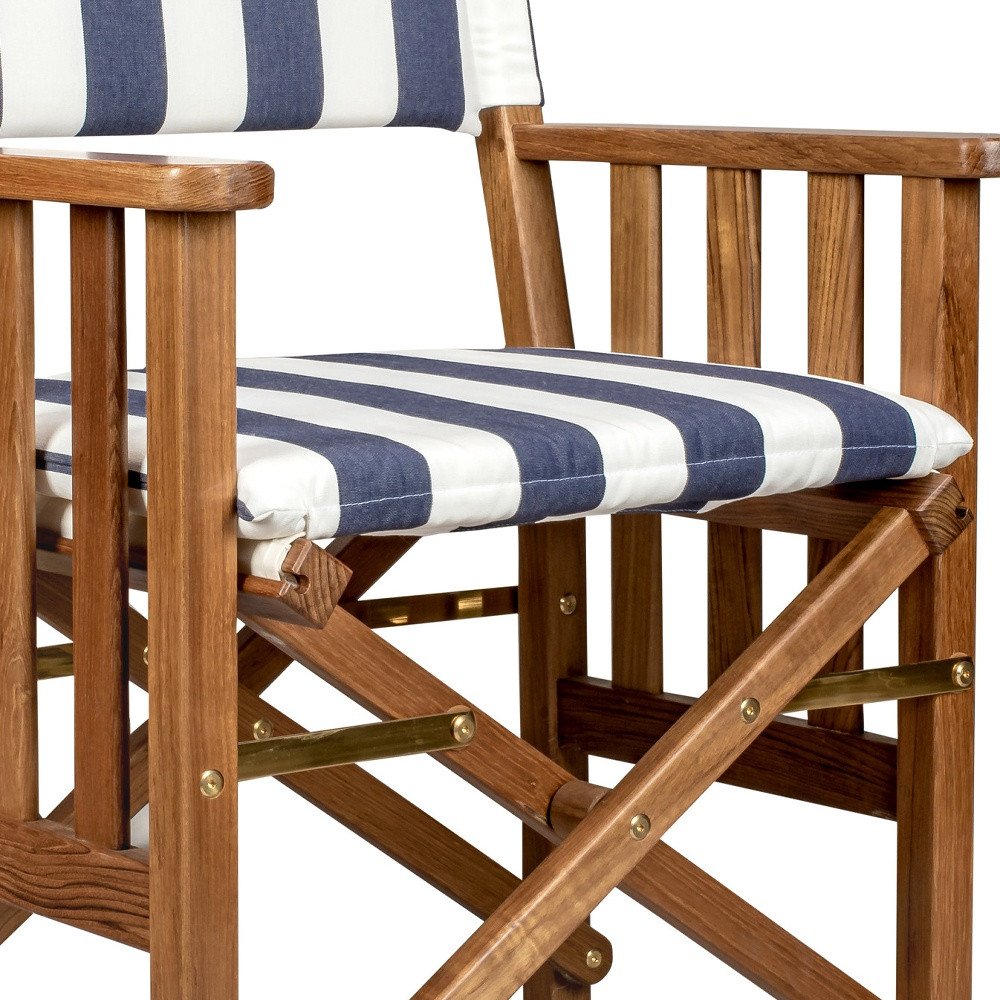 20" Blue and White and Natural Wood Solid Wood Indoor Outdoor Director Chair with Blue and White Cushion. Outdoor chair in brown wood.