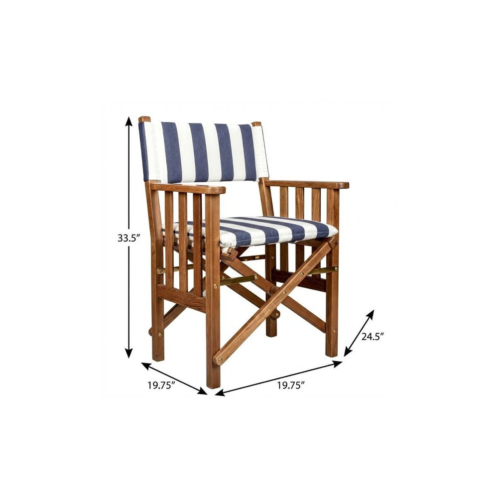 20" Blue and White and Natural Wood Solid Wood Indoor Outdoor Director Chair with Blue and White Cushion. Outdoor chair isolated on a plain white background, showing a brown wood surface.