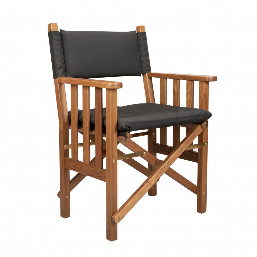 20" Black and Natural Wood Solid Wood Indoor Outdoor Director Chair with Black Cushion. Outdoor chair isolated on a plain white background, finished in black wood.