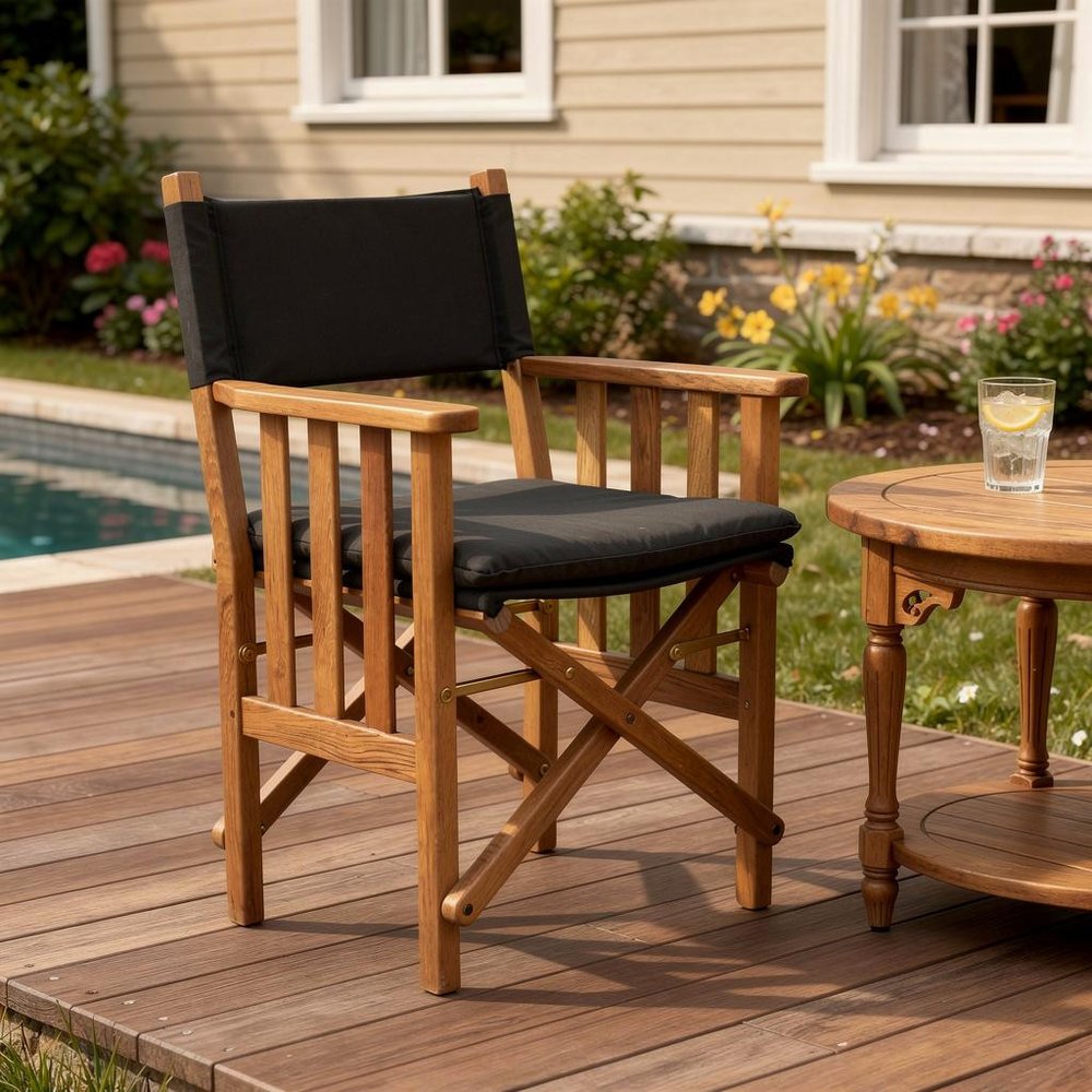 20" Black and Natural Wood Solid Wood Indoor Outdoor Director Chair with Black Cushion styled in a furnished interior with a cream wall on a wood floor.