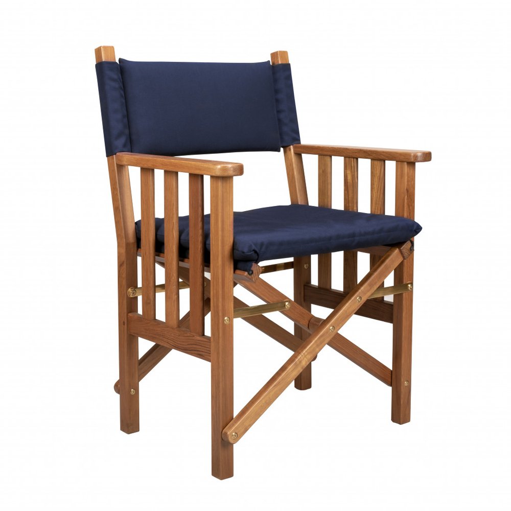20" Navy Blue and Natural Wood Solid Wood Indoor Outdoor Director Chair with Navy Blue Cushion. Outdoor chair isolated on a plain white background, finished in navy wood.