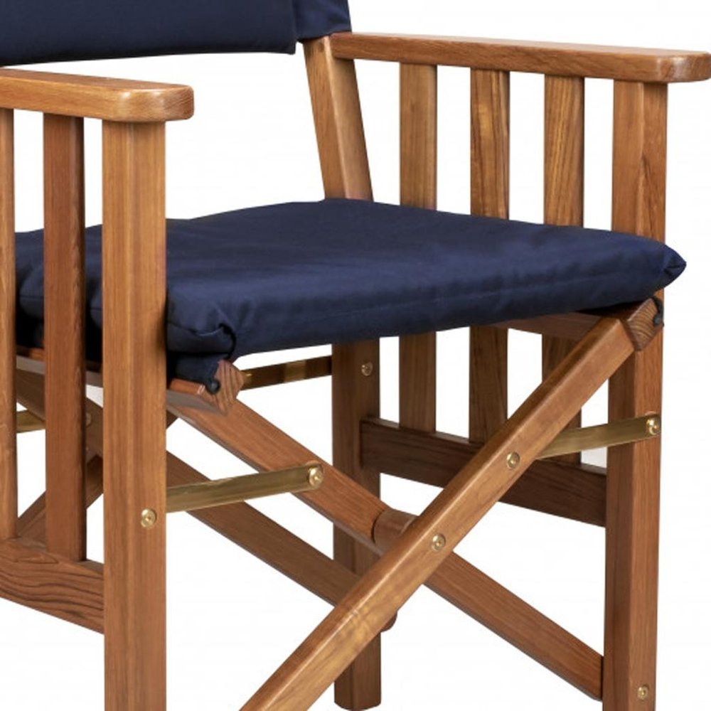20" Navy Blue and Natural Wood Solid Wood Indoor Outdoor Director Chair with Navy Blue Cushion. Outdoor chair isolated on a plain white background, showing a navy wood surface.