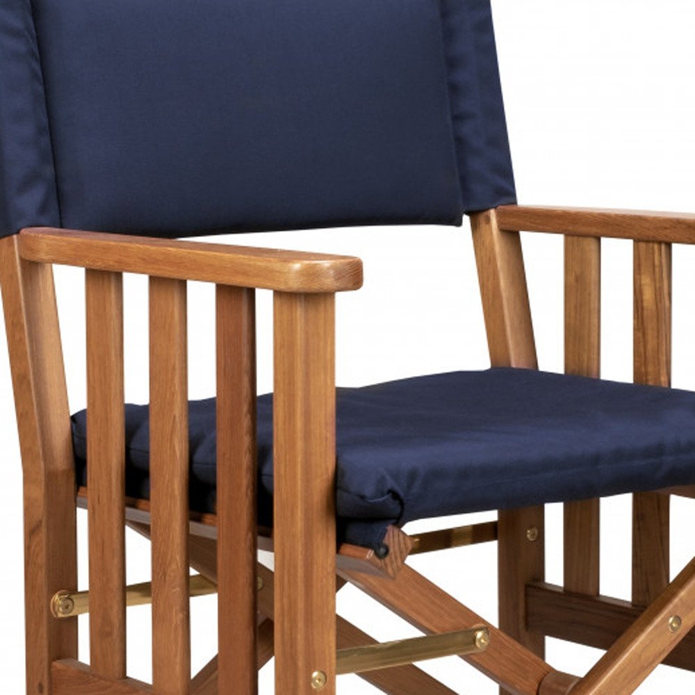 20" Navy Blue and Natural Wood Solid Wood Indoor Outdoor Director Chair with Navy Blue Cushion. Outdoor chair in navy wood.