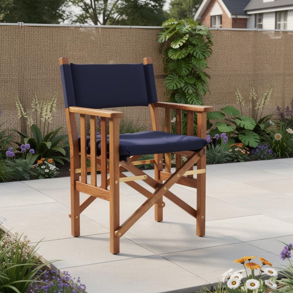20" Navy Blue and Natural Wood Solid Wood Indoor Outdoor Director Chair with Navy Blue Cushion shown outdoors on a tiled patio in brown wood.