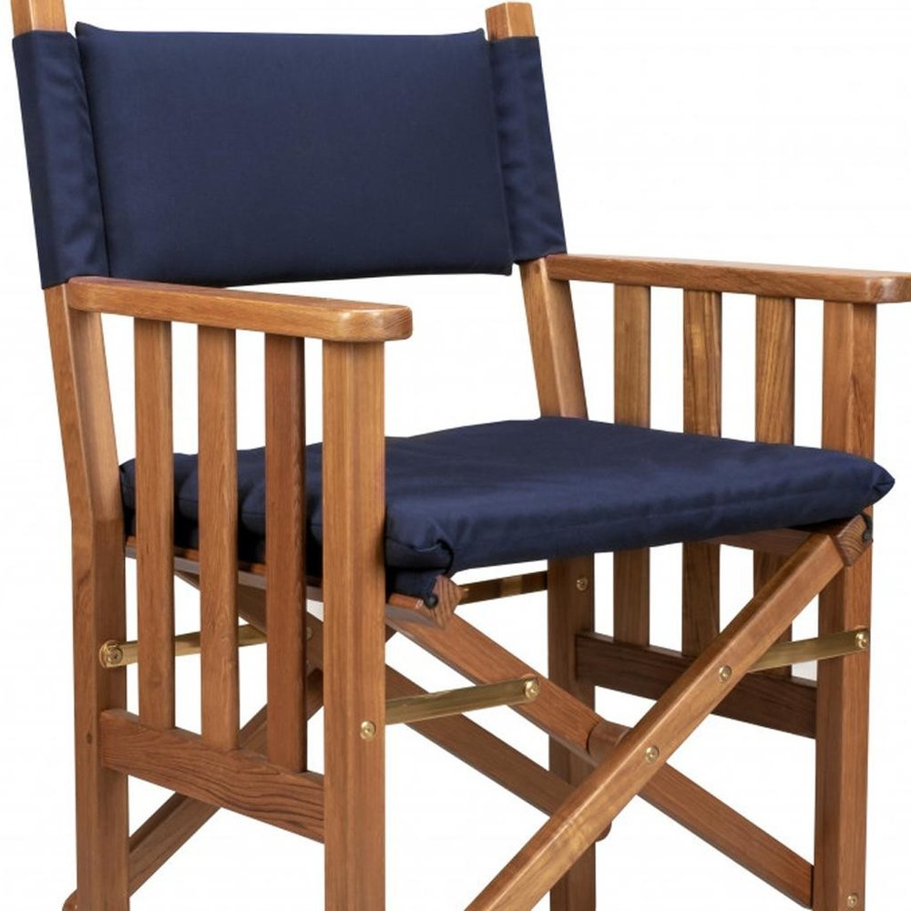 20" Navy Blue and Natural Wood Solid Wood Indoor Outdoor Director Chair with Navy Blue Cushion. Outdoor chair isolated on a plain white background, in a navy wood finish.