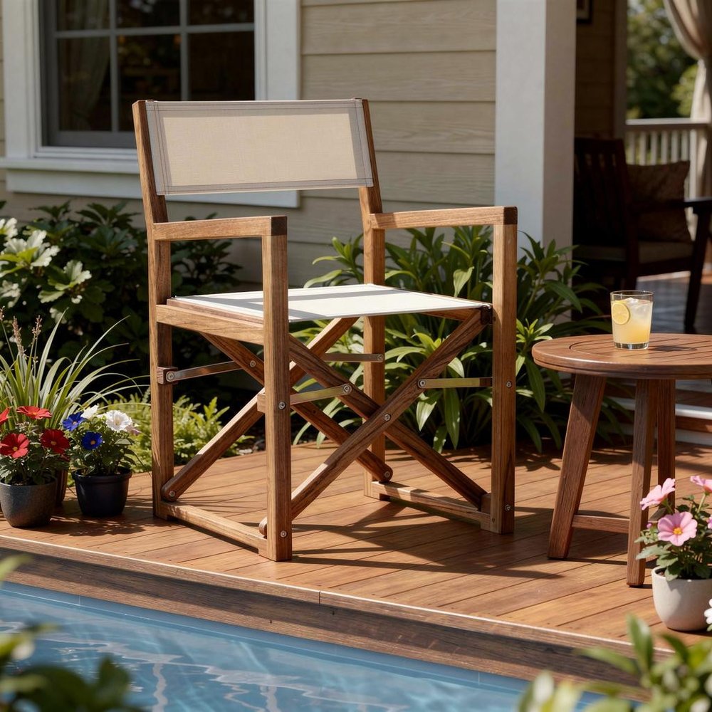23" White and Natural Wood Solid Wood Indoor Outdoor Director Chair