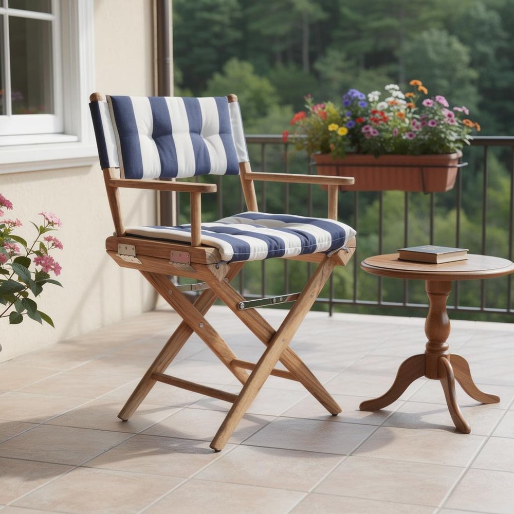 23" Blue and White and Natural Wood Solid Wood Indoor Outdoor Director Chair with Blue and White Cushion