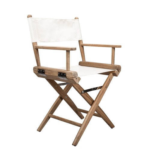 A white canvas and natural wood director's chair on a white background.