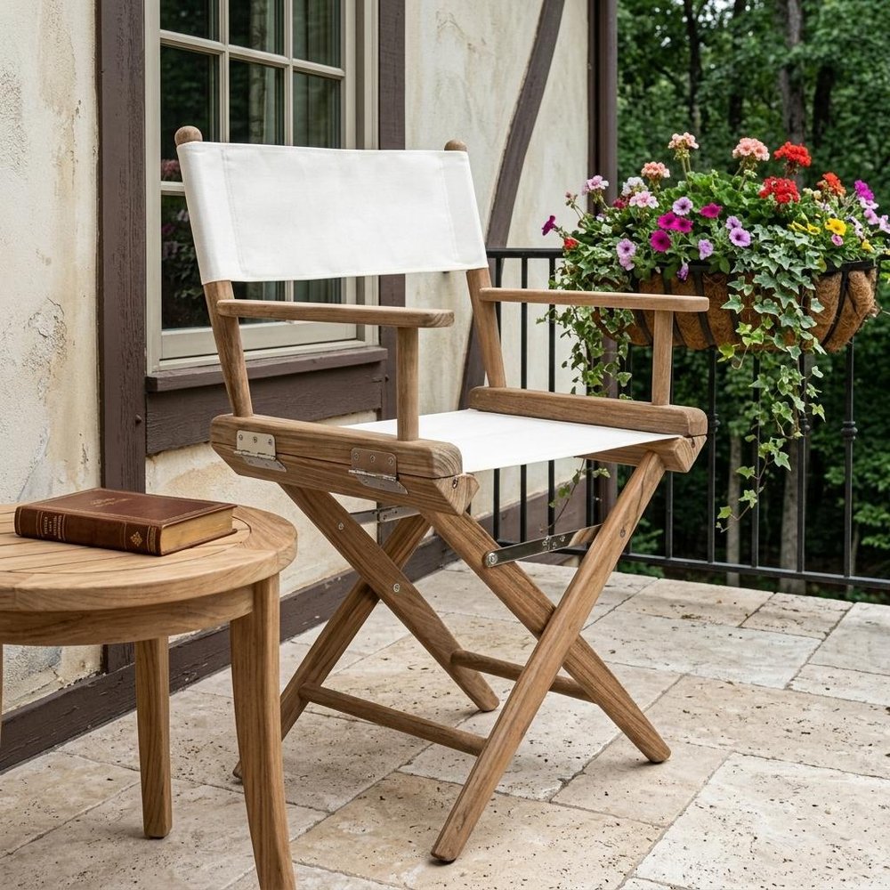 23" Brown and Ivory and Natural Wood Solid Wood Indoor Outdoor Director Chair