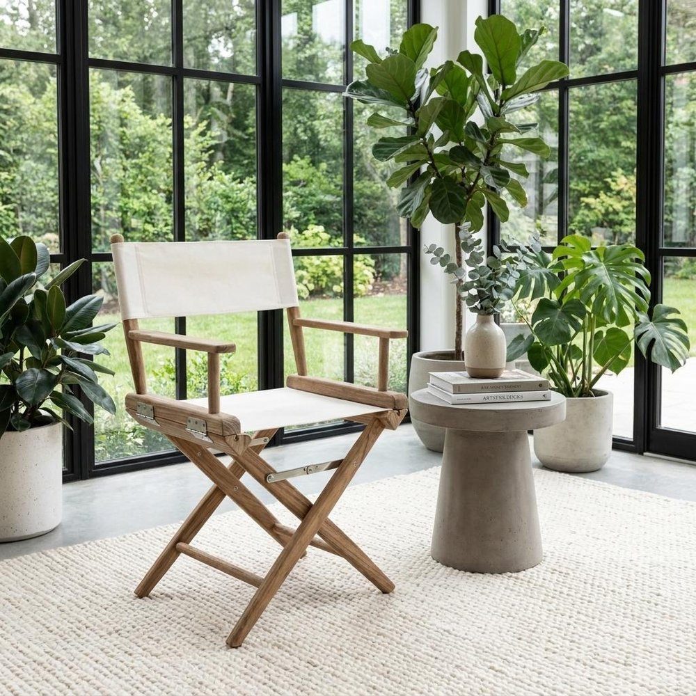 23" Brown and Ivory and Natural Wood Solid Wood Indoor Outdoor Director Chair