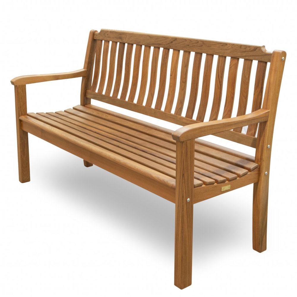 60" Teak Solid Wood Garden Bench. Outdoor benche isolated on a plain white background, in a brown wood finish.